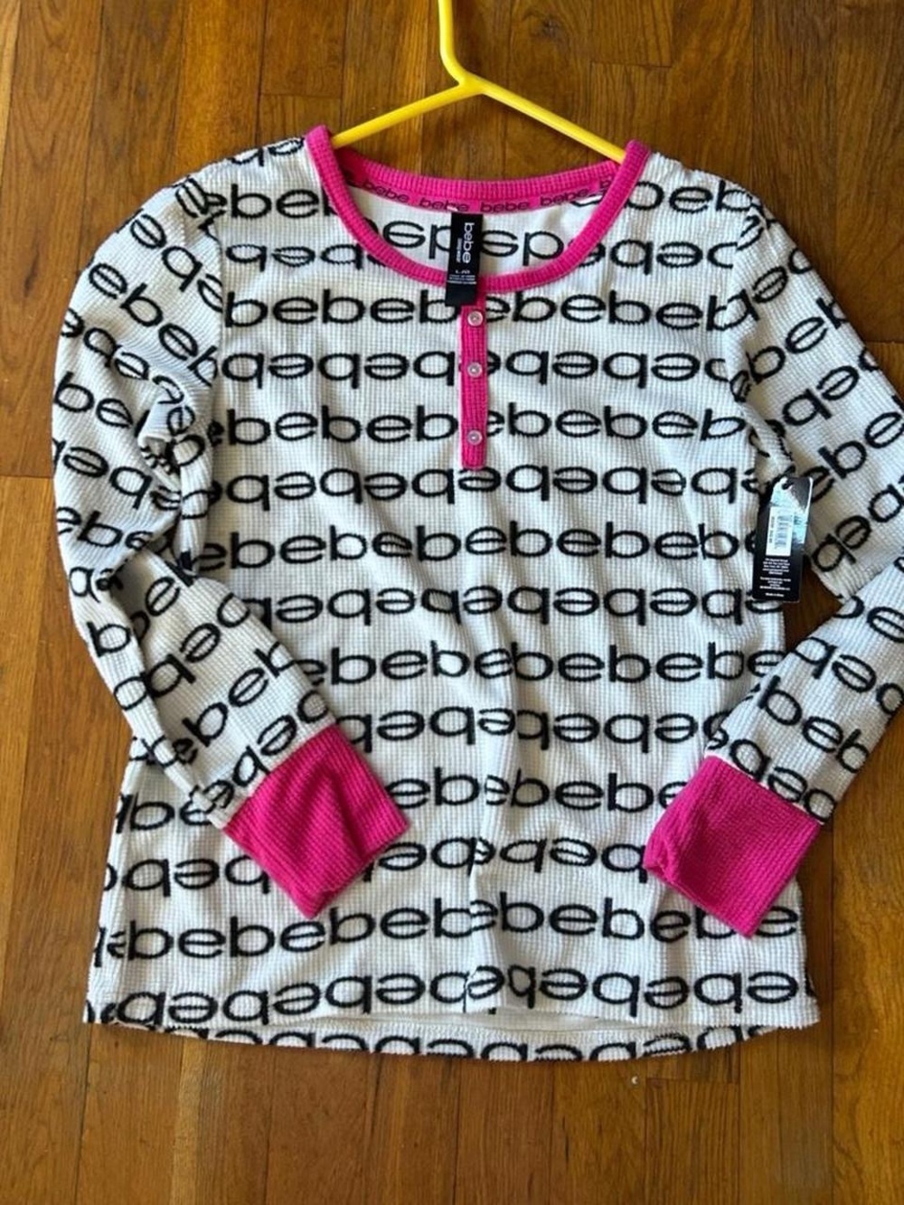 bebe White Waffle Henley Top with Hot Pink Trim